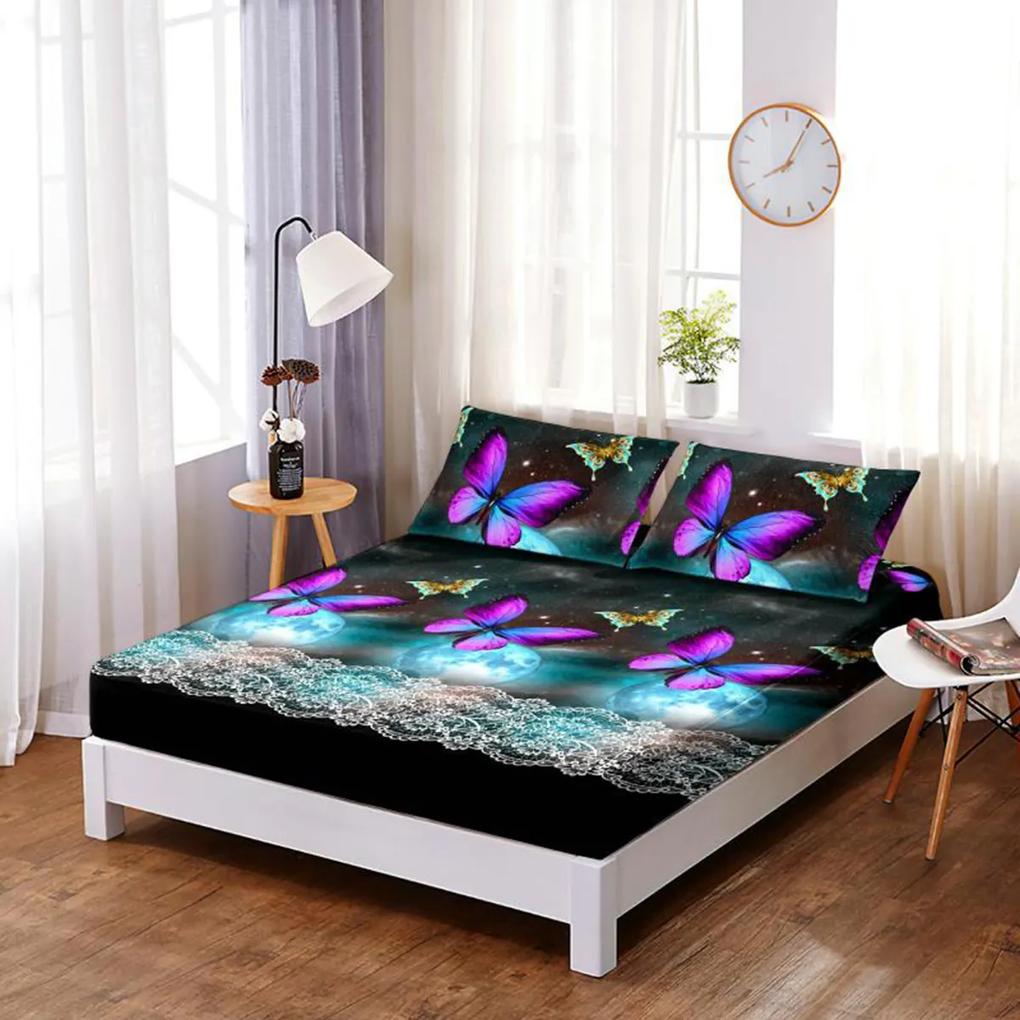 Husă de pat din FINET cu elastic si 2 fete de pernă, Purple Butterfly 160x200