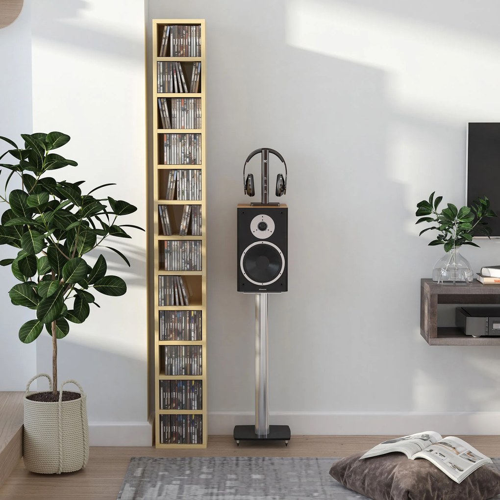 HOMCOM Dulap Biblioteca Suport CD-uri cu 12 Rafturi pentru 204 CD-uri, Raft Biblioteca din MDF si PAL, 21x20x175 cm, Lemn natural