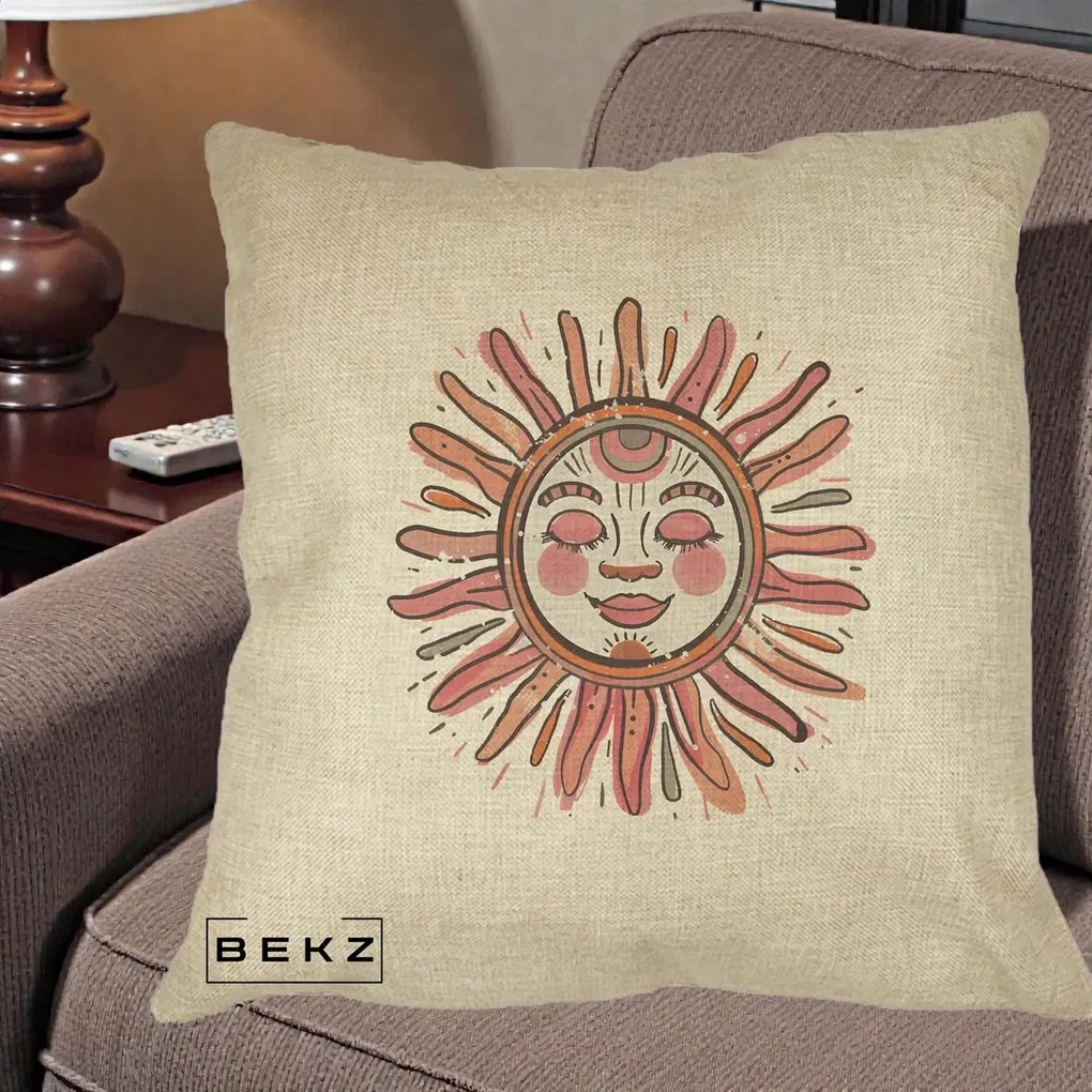 Perna Decorativa Soare Roz Tribal, 40x40 cm, Crem, Husa Detasabila, Perna Inclusa, BEKZ®