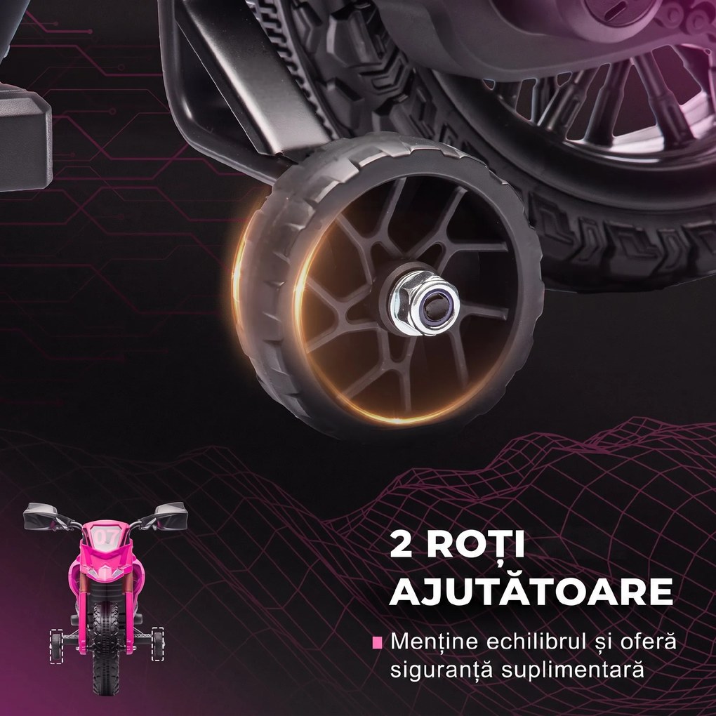 AIYAPLAY Moto cross electrică pentru copii 3-8 ani, baterie 6 V, 2 motoare, claxon și roți de antrenament, încărcare 30KG, roz | Aosom Romania