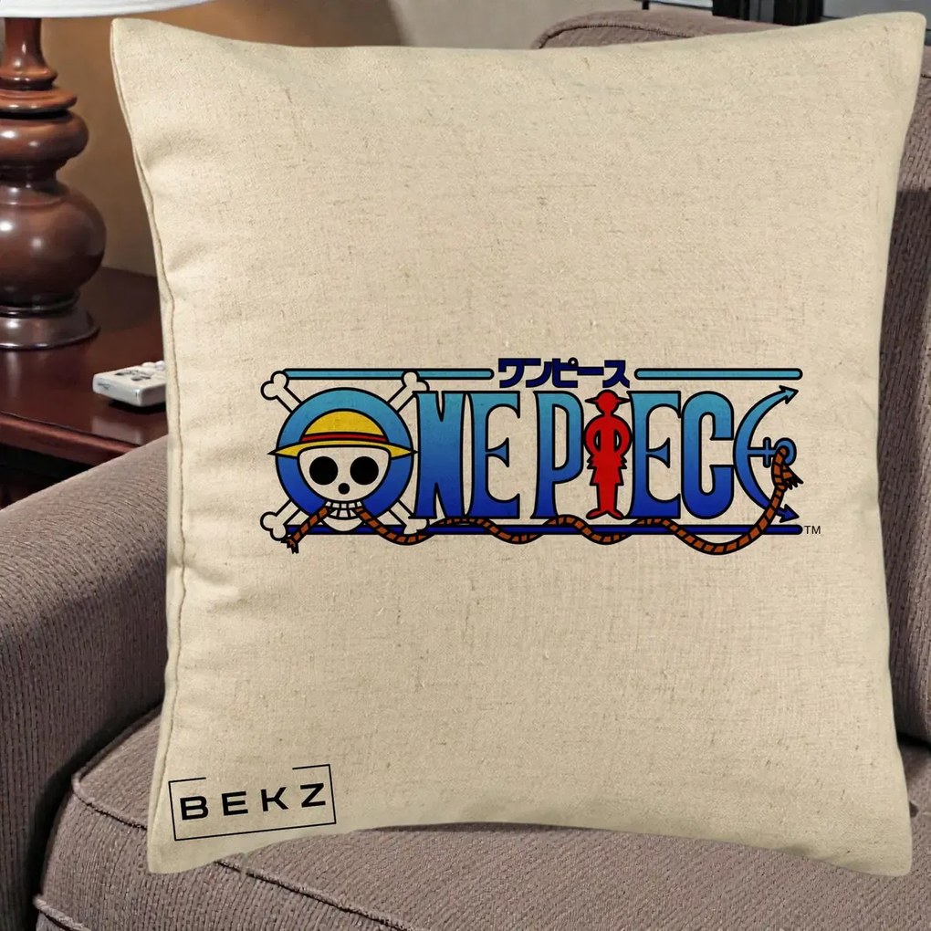 Perna Personalizata One Piece Clasic Albastru, 40x40 cm, Bej, Husa Detasabila, Perna Inclusa, BEKZ®