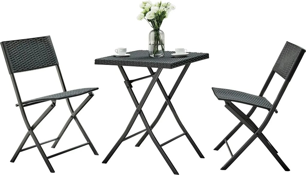 Set gradina FARUK, negru, ratan artificial/otel, cu masuta si 2 scaune