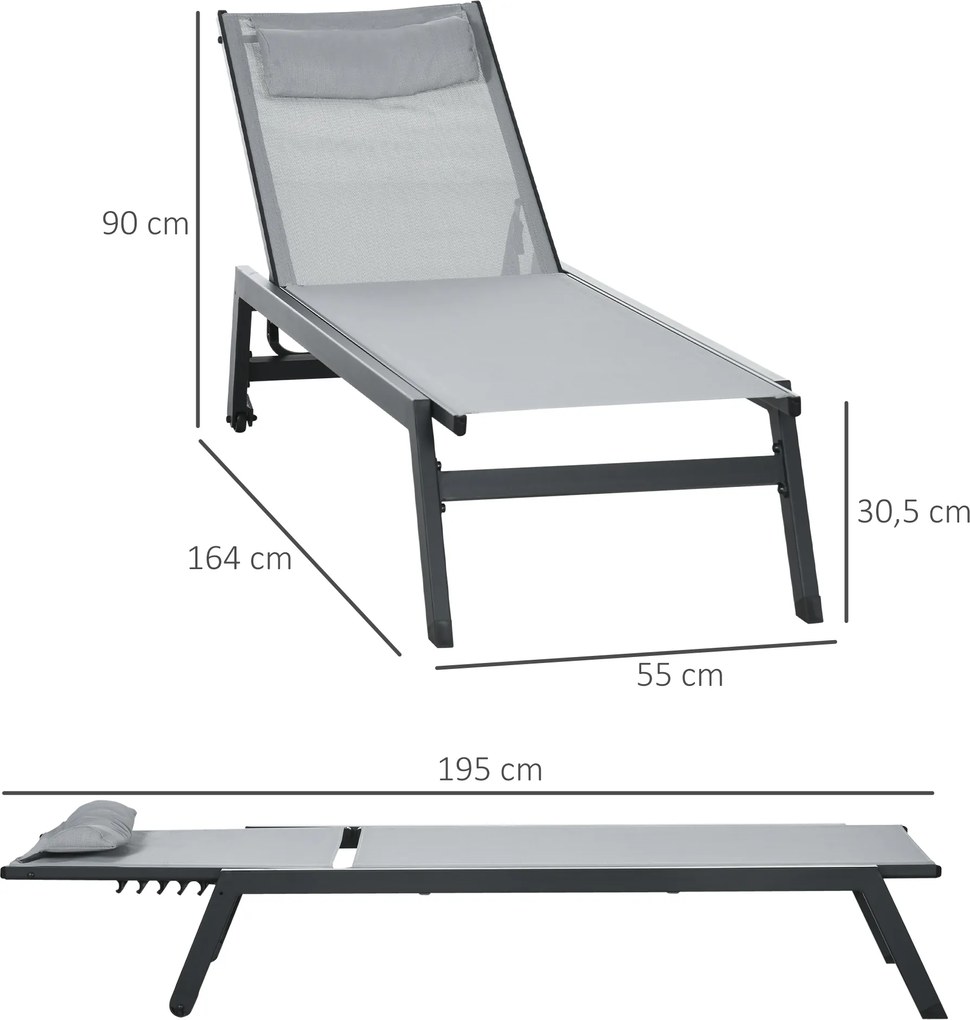 Outsunny Șezlong de soare din aluminiu și textilenă cu roți și pernă pentru cap, spătar reglabil gri deschis | Aosom Romania