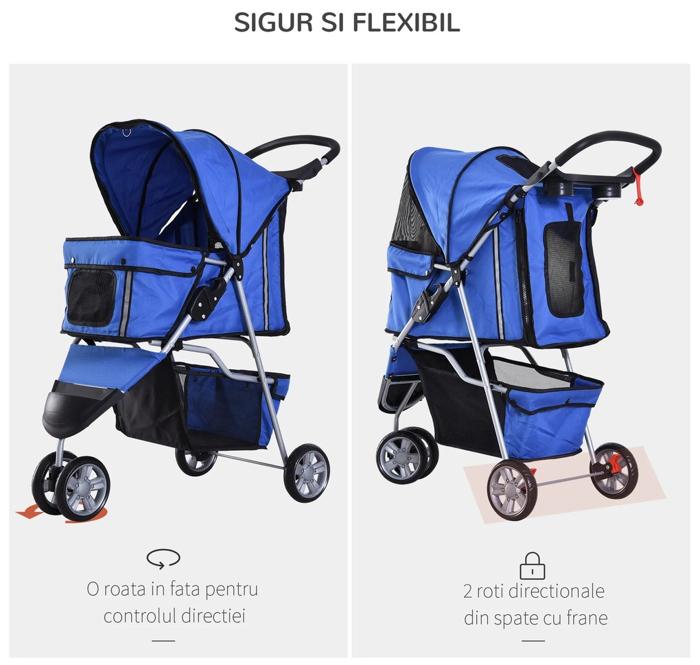 PawHut Cărucior Pliabil pentru Câini cu Roți, Coș de Depozitare și Căptușeală Detașabilă, 75x45x97 cm, Albastru | Aosom Romania