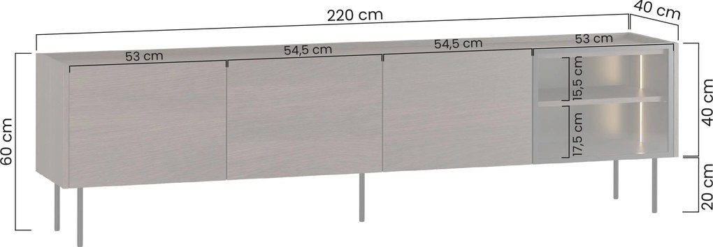 Comodă TV Dunari 220 cm cu picioare metalice - stejar dunin