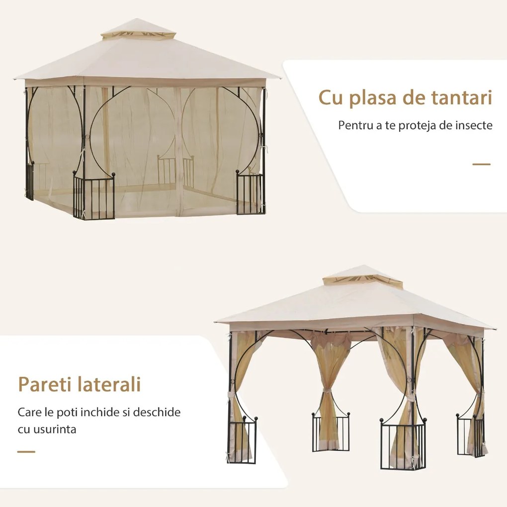 Outsunny Pavilion de Grădină cu Acoperiș Dublu din metal și Poliester,Bej, 3x3m