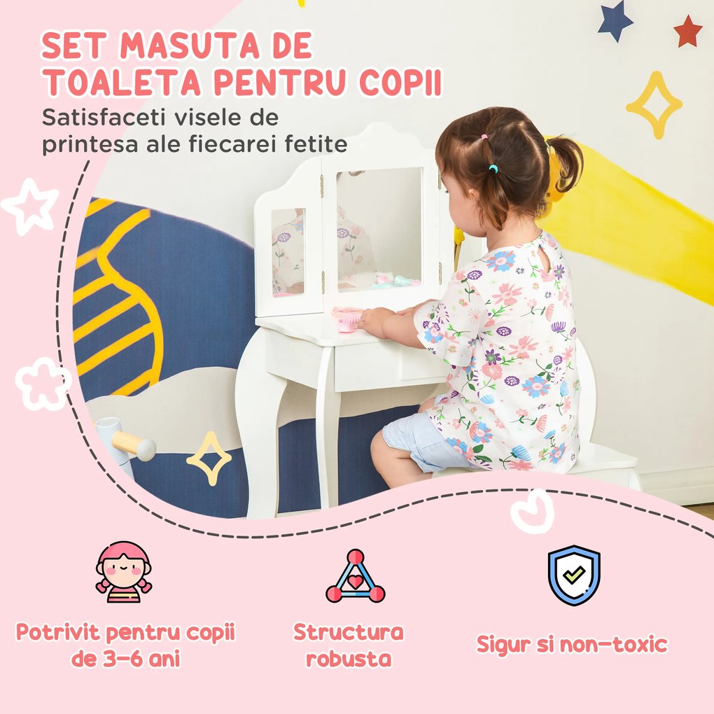 Masa de Machiaj HOMCOM pentru Copii cu Scaunel și Oglindă Triplă, din Lemn și Acrilic, 63x40x85.5 cm, Albă | Aosom Romania