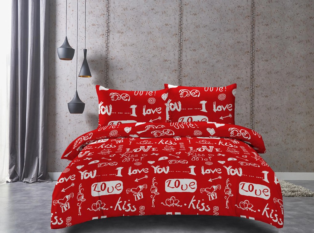 Lenjerie de pat din microfibra rosie, KISS LOVE