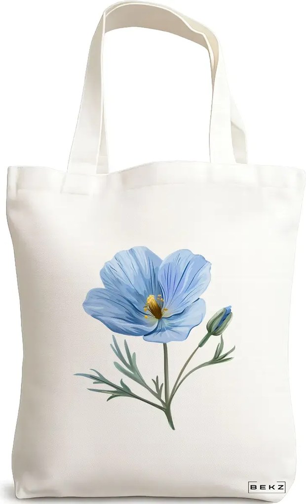 Sacosa de Panza pentru Cumparaturi, Geanta Tote, model Blue Flower 2 38 x 34.5 cm, Alba, BEKZ®