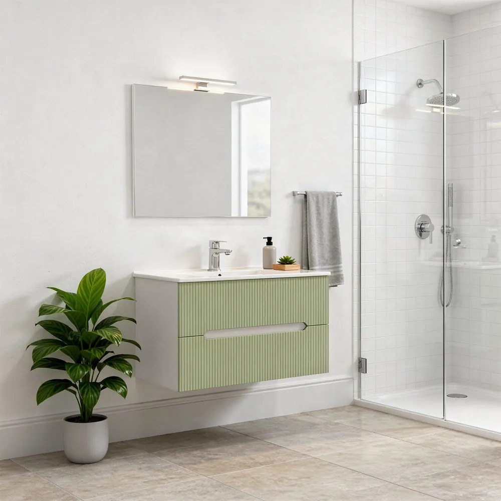 Trent Mobilier de baie 80 cm lavoar ceramic (2 sertare) cu oglindă 60x80 cm alb-verde deschis