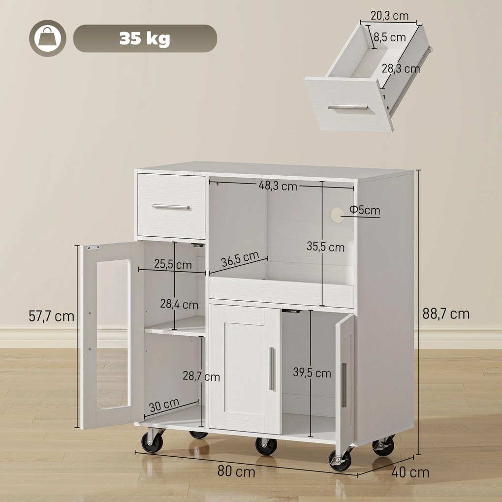 HOMCOM Dulap de bucătărie pe roți, comodă mobilă de bucătărie cu rafturi, sertare, raft reglabil, orificiu pentru cablu, Alb | Aosom Romania