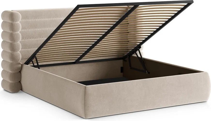 Pat matrimonial bej tapițat cu spațiu de depozitare cu somieră 200x200 cm Mount – Micadoni