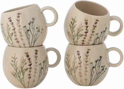Set 4 cești din ceramică, natur, cu ilustrații botanice pictate manual, 9.5x8.5 cm, „Bea"