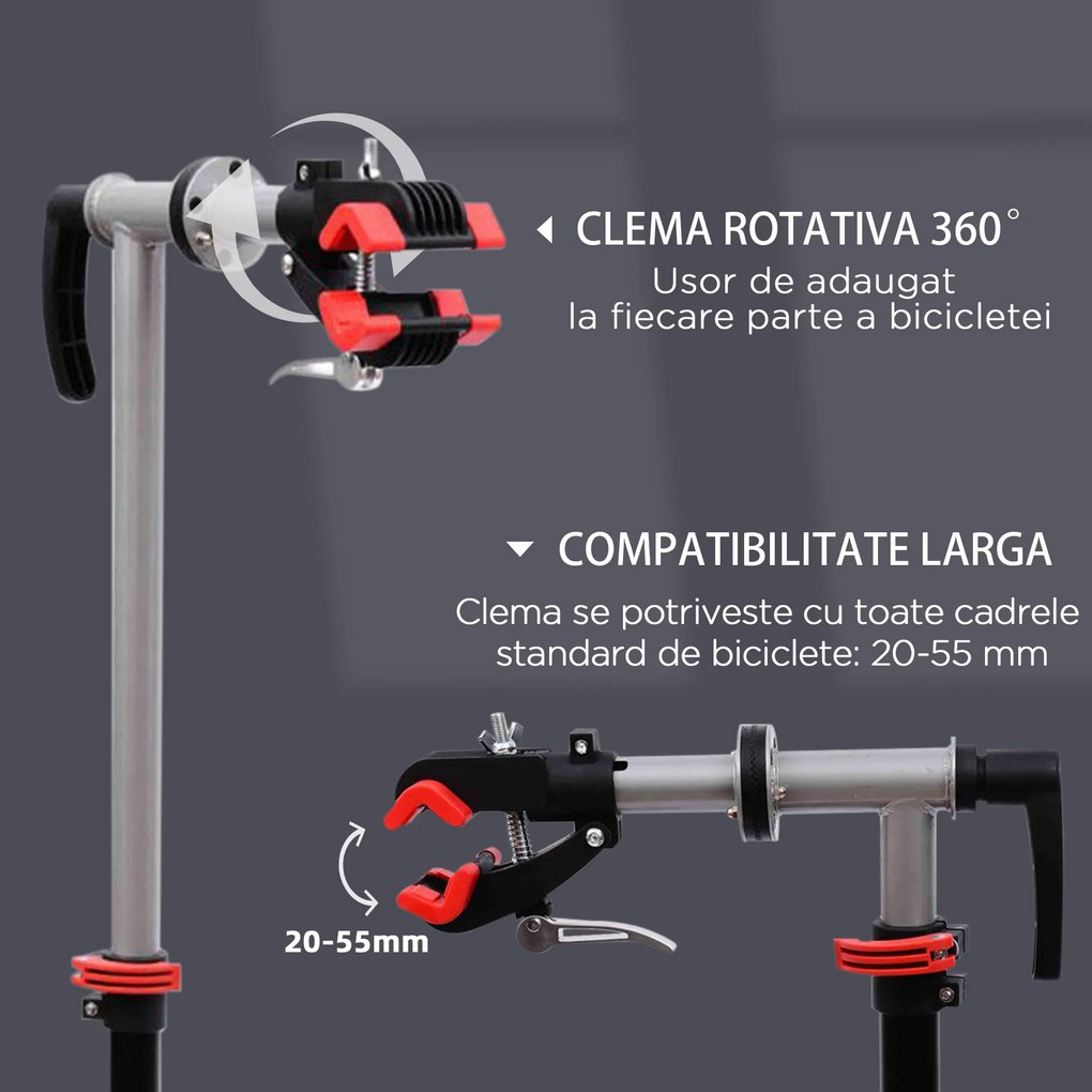 HOMCOM Suport Reglabil pentru Reparații Biciclete, cu Piedestal Ajustabil și Tavă Metalică, 84x75x100-160cm | Aosom Romania