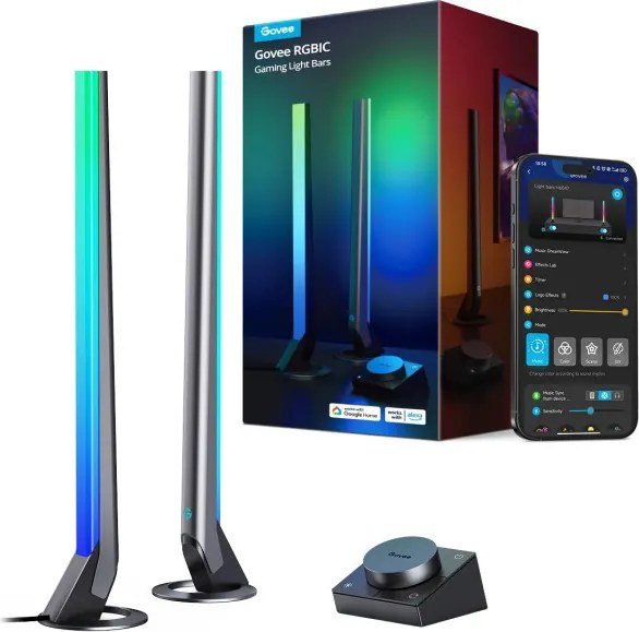 Set 2 Smart LED lampi gamer Govee RGBIC H6047, 24 W, Segmente de culoare adresabile, Wi-Fi, Bluetooth, Govee Home, Negru