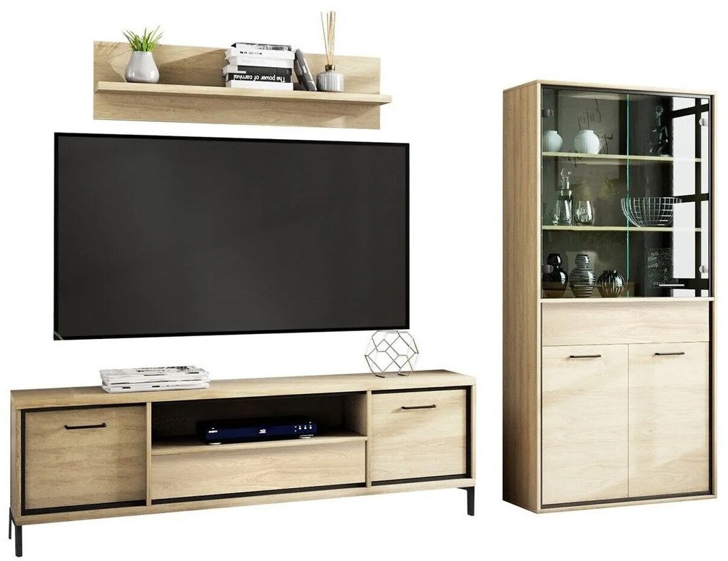 Mobilă pentru sufragerie Stanton F123Luminos lemn, Stejar, Părți separate, Cu comodă tv, Cu componente suplimentare, PAL laminat, Sticlă călită, 139 kg