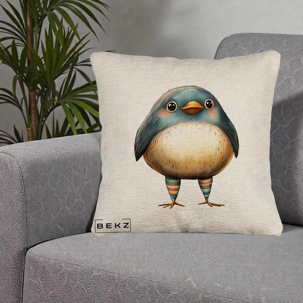 Perna Decorativa Pasare Teal-Bej cu Sosete Curcubeu, 40x40 cm, Bej Canapea, Husa Detasabila, Perna Inclusa, BEKZ®