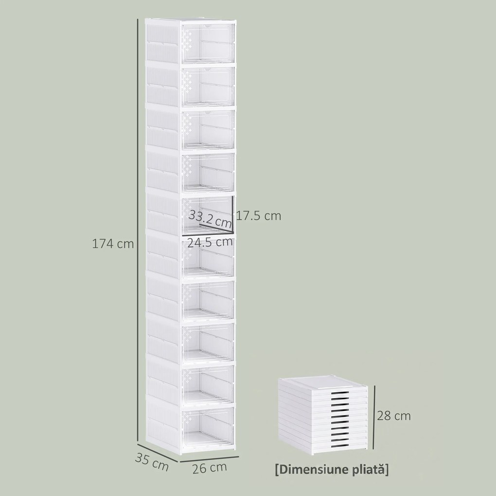 HOMCOM Pantofar Pliabil Slim, Modular, cu 10 Cutii pentru Pantofi, Economisire Spațiu, Fără Montaj, Alb | Aosom Romania