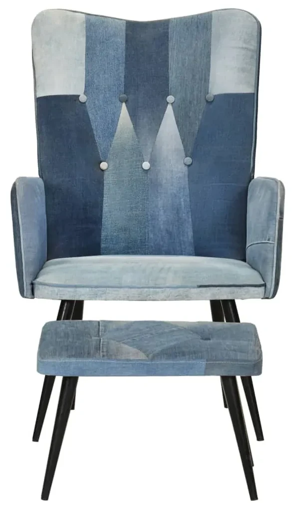 339672 vidaXL Fotoliu cu taburet, model mozaic, albastru denim, pânză