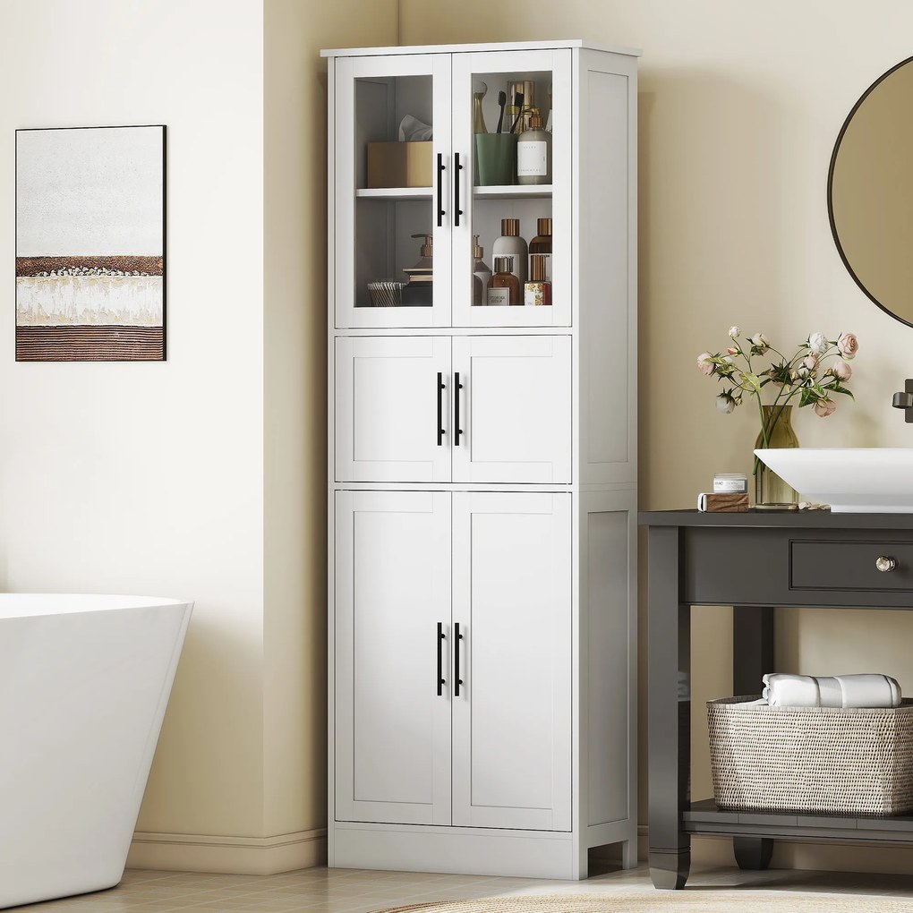HOMCOM Dulap înalt de baie slim, 170 cm, cu 6 rafturi, uși din sticlă și rafturi reglabile, pentru living sau bucătărie, stil modern, 60x30x170 cm, alb | Aosom Romania