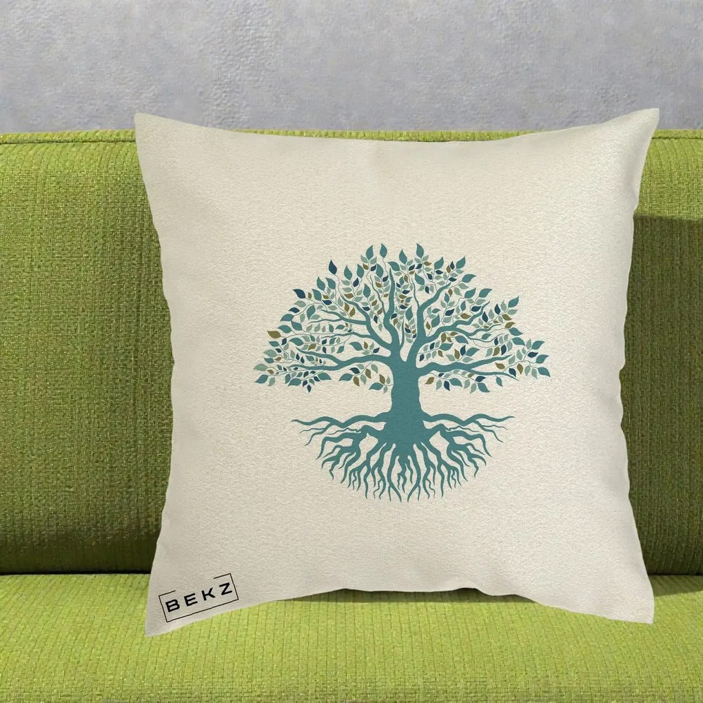 Perna Decorativa Copacul Vietii Teal cu Radacini, 40x40 cm, Ecru, Husa Detasabila, Perna Inclusa, BEKZ®
