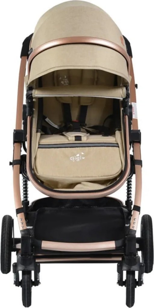Carucior nou nascuti 2 in 1 NOVOKIDS™ GIGI PRO , Cu geanta bebe inclusa, Roti din cauciuc plin AVE, Cadru aluminiu Gold, Maner reversibil, Spatar