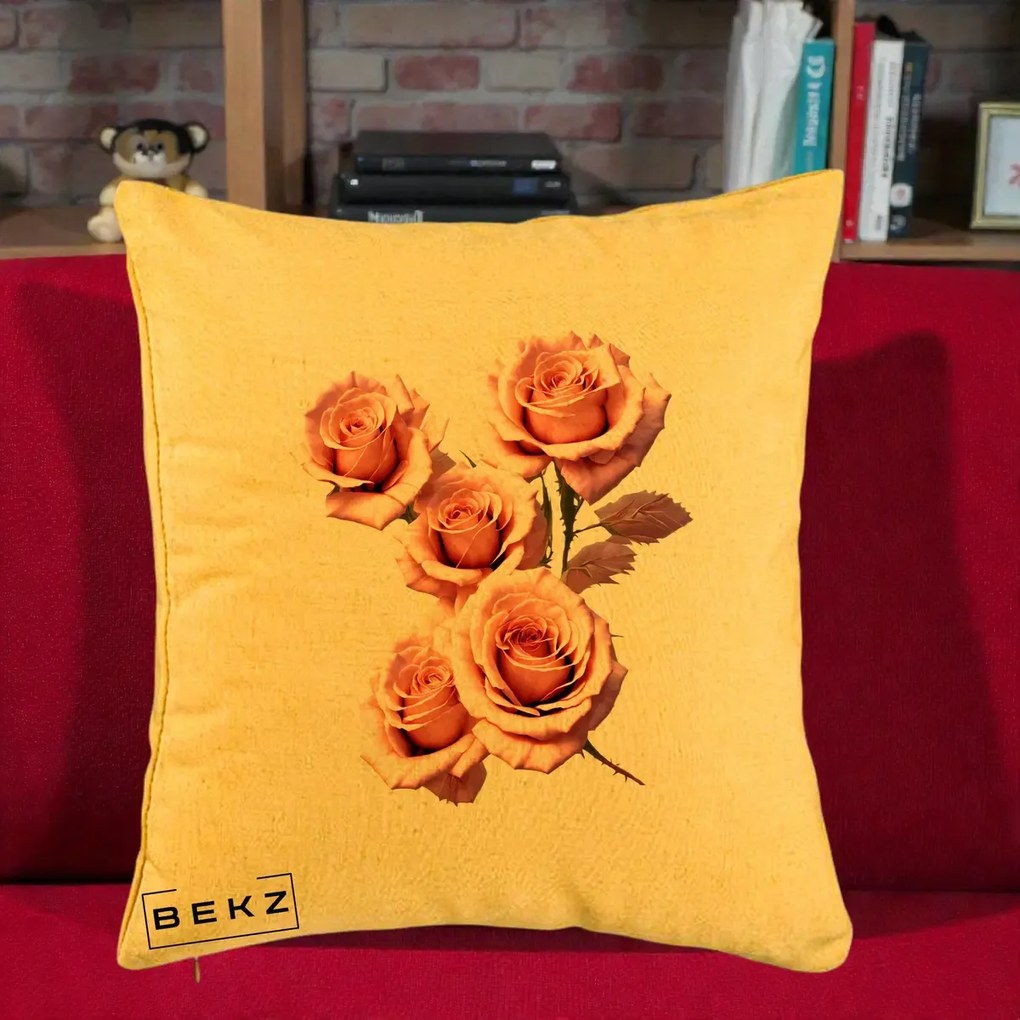 Perna Decorativa Trandafiri Roz Pastel Acuarela, 40x40 cm, Galben, Husa Detasabila, Perna Inclusa, BEKZ®