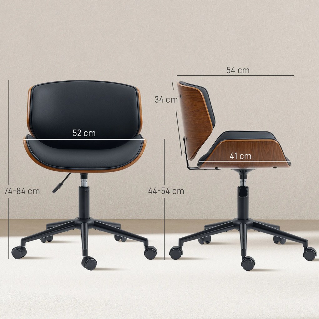 HOMCOM Scaun Homeoffice din piele ecologică reglabil pe înălțime scaun rotativ până la 135 kg 52 x 54 x 74-84 cm Negru+Maro nucă | Aosom Romania