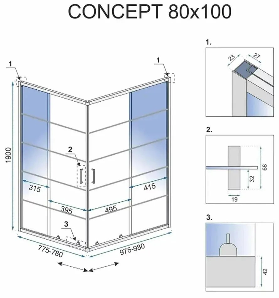 Cabina de dus dreptunghiulara Rea Concept cu usi glisante 80x100 negru mat