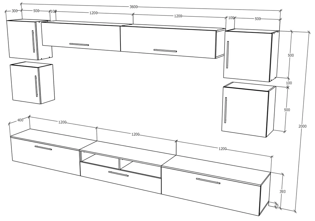 Living haaus Haga V3, Alb Lucios/Negru, MDF, L 360 cm