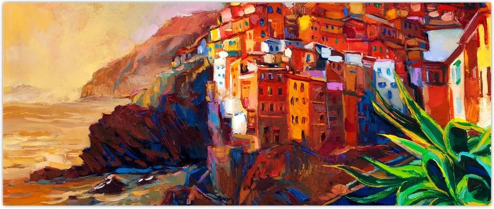 Tablou - Satul de coastă Cinque Terre, Riviera italiană, impresionismul modern (120x50 cm)