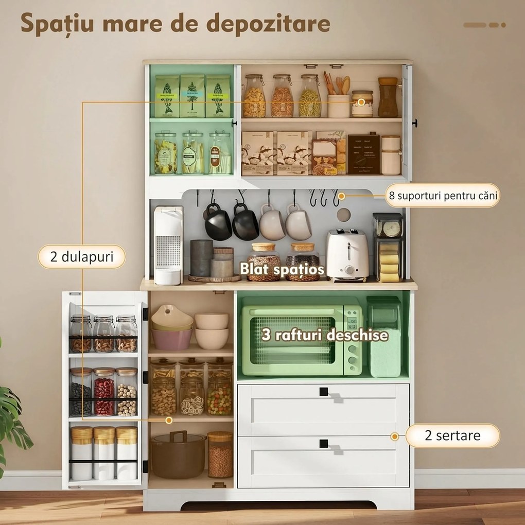 HOMCOM Bufet de Bucătărie Înalt 162 cm, Mobilier de Depozitare cu 2 Dulapuri, 2 Sertare, Suport Condimente, Orificii pentru Cabluri, Rafturi Reglabile, Blat pentru Cuptor cu Microunde, Suporturi pentru Cești, Alb | Aosom Romania