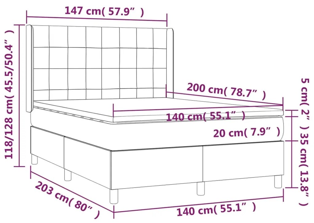 Pat cu arcuri, saltea si LED, gri inchis, 140x200 cm, textil Morke gra, 140 x 200 cm, Cu blocuri patrate