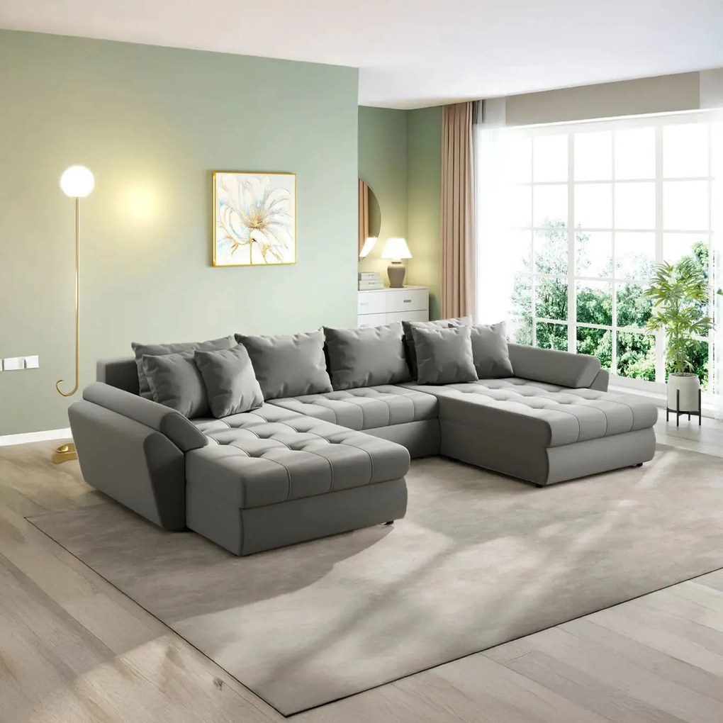 Colțar extensibil dumonde cu ladă de depozitare si sezut confortabil din spuma high-density, Loana U Royal Grey 355x185 cm