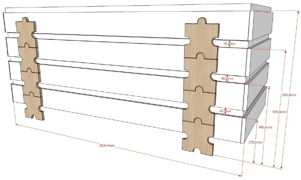 Set 2 paturi stivuibile pentru copii MODULO, din MDF și pin masiv, cu somieră cu lamele inclusă – Vipack