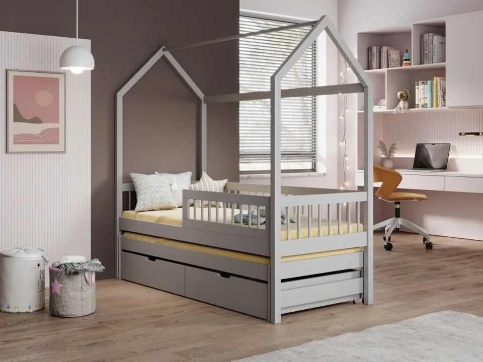 Pat pentru copii din lemn de pin cu sertare și spatiu pentru depozitare, Artes, ADRK Furniture (Culoare: Natural, Optiune modul: Fara saltea,