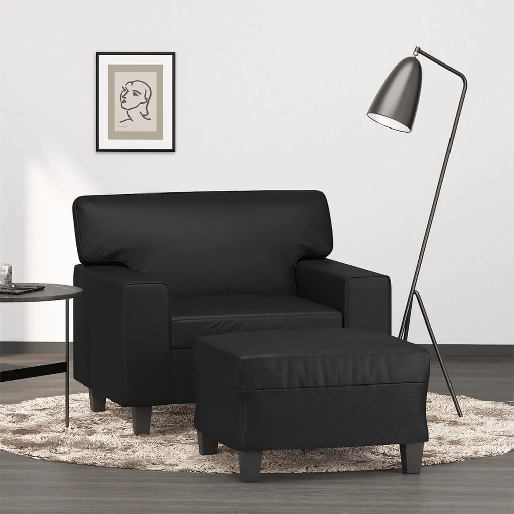 3201159 vidaXL Fotoliu canapea cu taburet, negru, 60 cm, piele ecologică