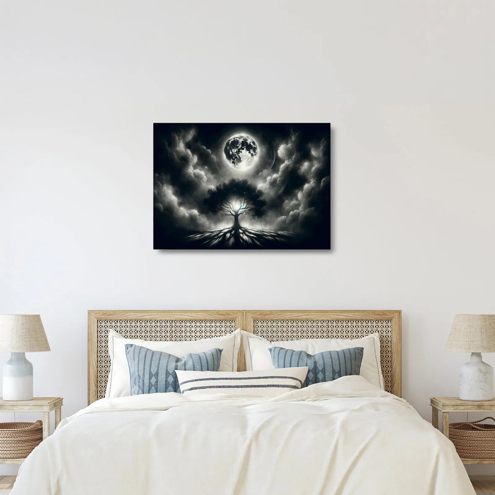 Tablou pe sticlă – Arbore alb-negru în lună plină (70x50 cm)