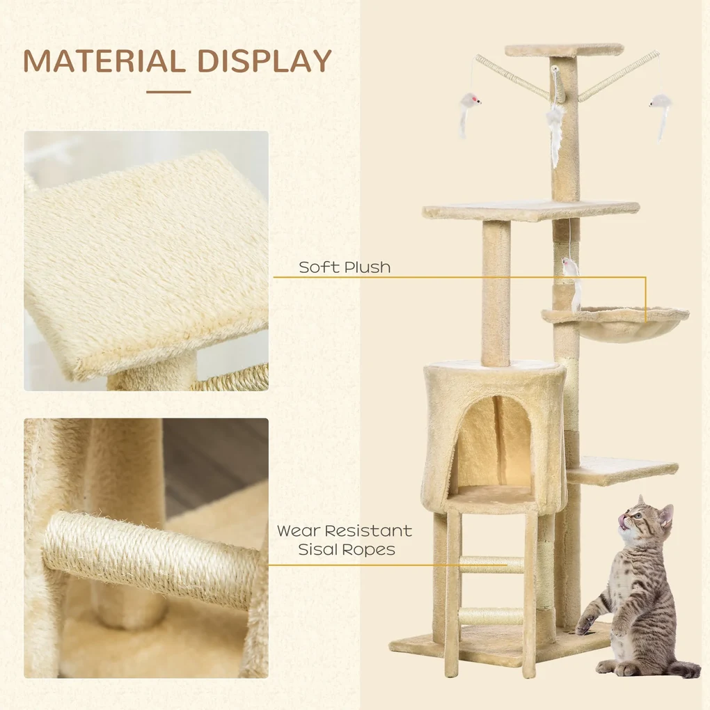 Copac Ascutit Unghii PawHut cu Cusca pentru Pisici in Lemn Sisal Natural, Bej, 40x30x131cm | Aosom Romania