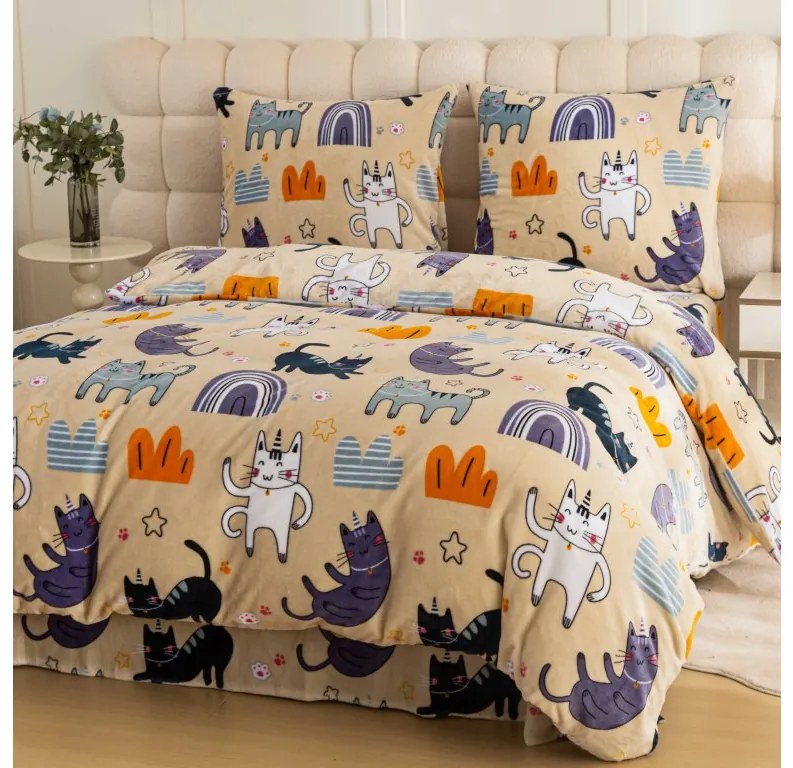 Set Lenjerie cocolino PURRSLEEP bej + Cearsaf Cocolino microplus cu elastic SOFT 180x200 cm alb, pat dublu