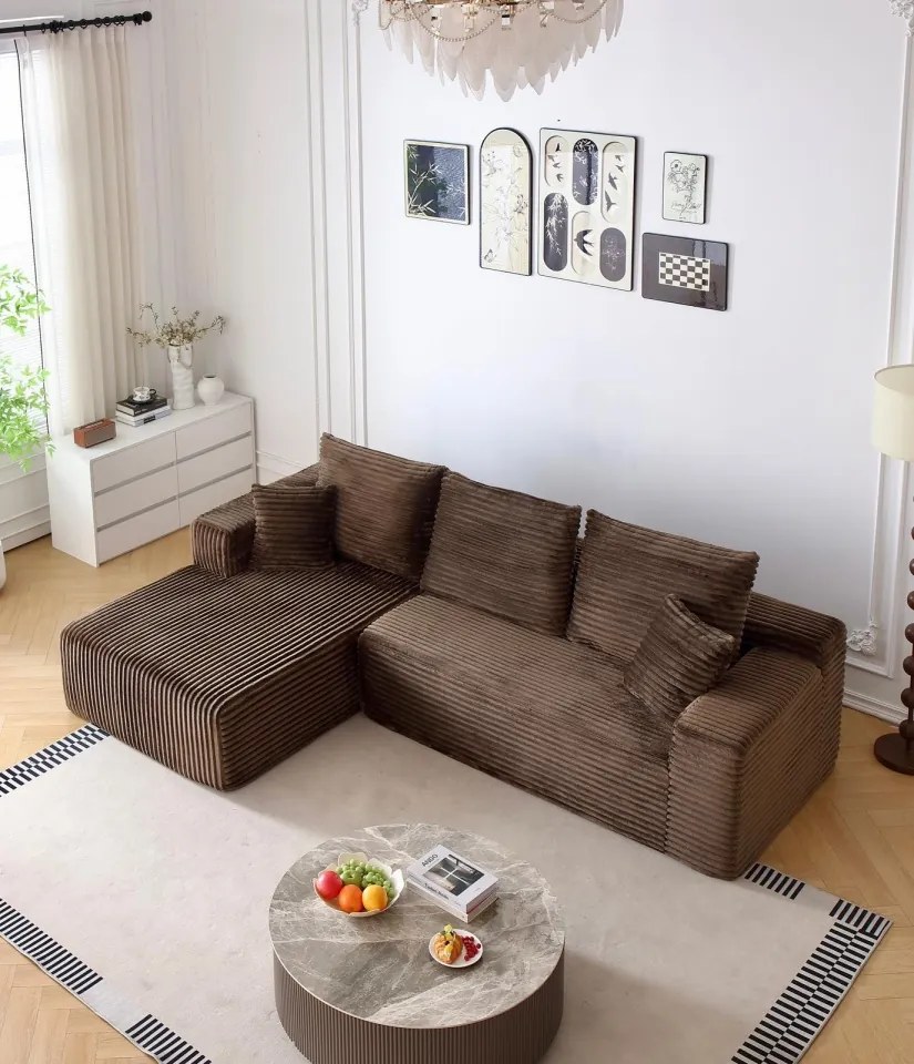 Canapea Colțar Premium Memory Foam HD 270x170x70 cm | Material Plusat Reiat cu Dungi Groase (Culoare: Maro)