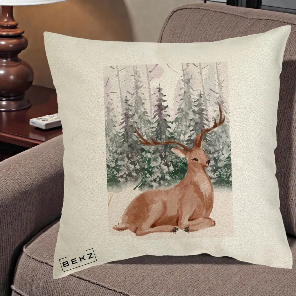 Perna Decorativa Ren in Padure Roz Moale, 40x40 cm, Ecru, Husa Detasabila, Perna Inclusa, BEKZ®