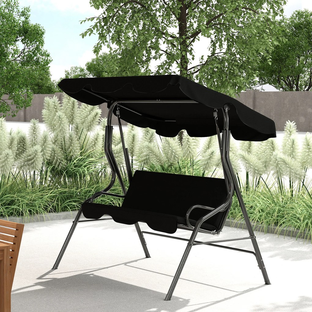 Outsunny Balansoar de Grădină 3 Locuri cu Acoperiș Reglabil și Perne Moi din Poliester, Capacitate 240 kg, 170x110x153 cm, Negru | Aosom Romania