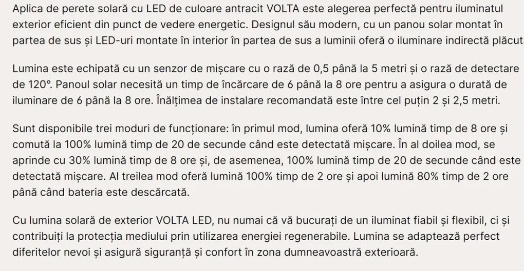 Aplica LED solara de exterior cu senzor de miscare IP65 VOLTA
