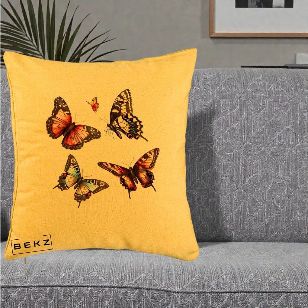 Perna Decorativa Colectie Fluturi Multicolori, 40x40 cm, Galben, Husa Detasabila, Perna Inclusa, BEKZ®