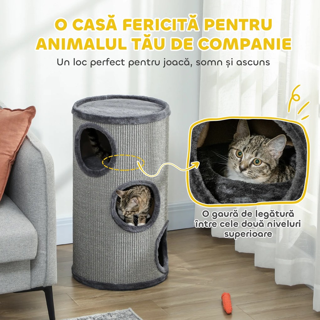PawHut Cușcă pentru Pisici cu 3 Nivele, Zgârietoare din Sisal și Pluș, Ø38x70cm, Gri | Aosom Romania