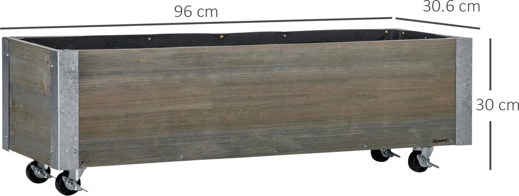 Outsunny Strat Înălțat de Grădină cu Roți, Frână și Strat din Nețesut cu Orificii de Drenaj, 96x30.6x30 cm, Gri Deschis | Aosom Romania
