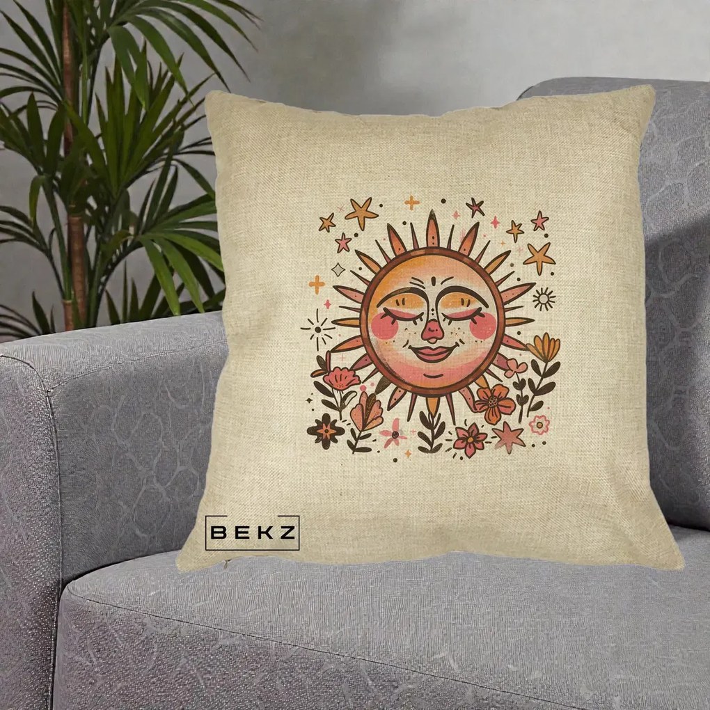 Perna Decorativa Soare Retro Boho Floral, 40x40 cm, Crem, Husa Detasabila, Perna Inclusa, BEKZ®