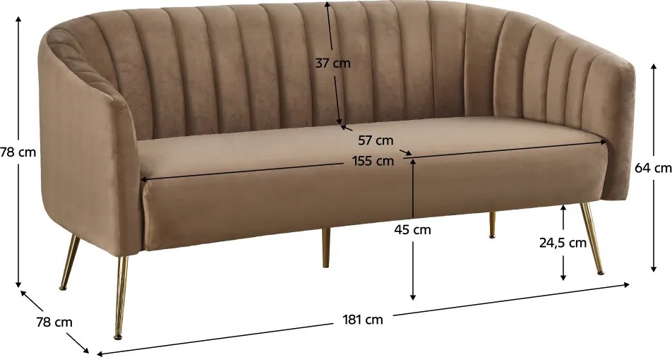 Canapea de design cu 3 locuri, ţesătură Velvet maro/gold crom-auriu, BAGY