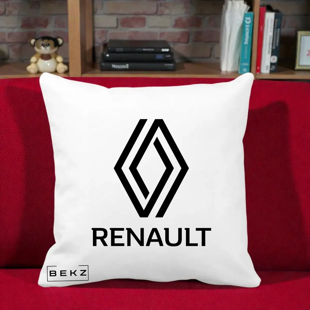 Perna Personalizata cu emblema Renault, 40x40 cm, Alba Mata, Husa Detasabila, Perna Inclusa, BEKZ®